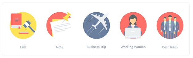 Un conjunto de 5 iconos como la nota de la ley viaje de negocios