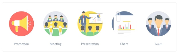 Un conjunto de 5 iconos como la presentación de la reunión de promoción