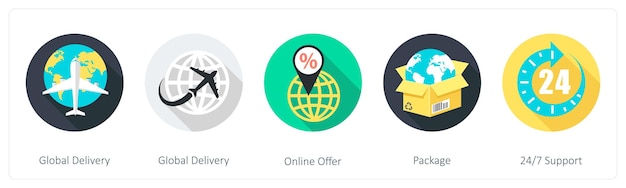 Un conjunto de 5 iconos de compras 1x5 redondas como paquete de oferta en línea de entrega global