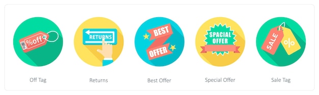 Un conjunto de 5 iconos de compras 1x5 redondos como etiqueta fuera devuelve la mejor oferta