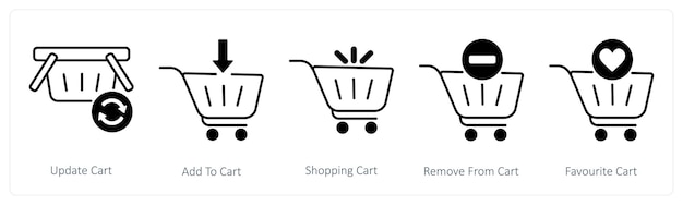 Un conjunto de 5 iconos de compras como actualización del carrito agregar al carrito de compras