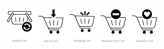 Vector un conjunto de 5 iconos de compras como actualización del carrito agregar al carrito de compras