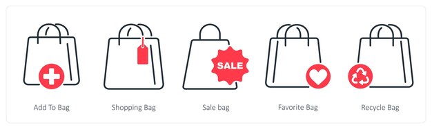 Un conjunto de 5 iconos de compras como agregar a la bolsa de compras bolsa de venta bolsa