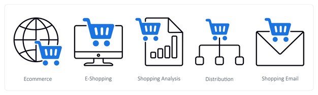Un conjunto de 5 íconos de compras como análisis de compras de comercio electrónico