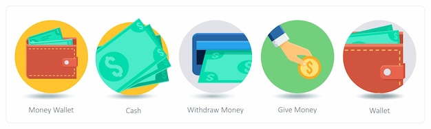 Un conjunto de 5 iconos de compras como billetera de dinero en efectivo para retirar dinero