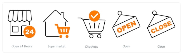 Un conjunto de 5 íconos de compras como caja de supermercado abierta las 24 horas