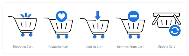 Un conjunto de 5 iconos de compras como carrito de compras favorito añadir al carrito