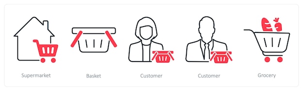 Un conjunto de 5 íconos de compras como cliente de la canasta del supermercado