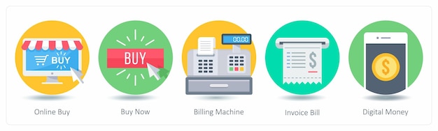 Un conjunto de 5 íconos de compras como compra en línea compra ahora máquina de facturación