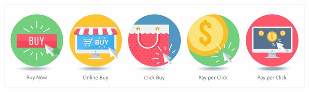 Un conjunto de 5 íconos de compras como comprar ahora en línea comprar hacer clic comprar
