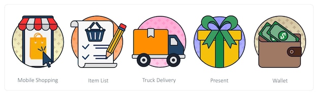 Un conjunto de 5 íconos de compras como entrega de camiones de lista de artículos de compras móviles