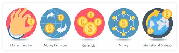 Un conjunto de 5 iconos de compras como manejo de dinero divisas de cambio de dinero