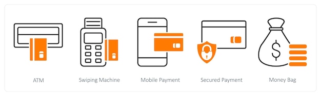 Un conjunto de 5 íconos de compras como máquina de pago móvil de ATM