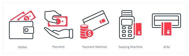 Un conjunto de 5 íconos de compras como método de pago de billetera
