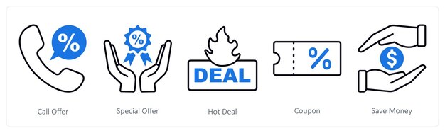 Un conjunto de 5 íconos de compras como oferta de llamada oferta especial oferta caliente