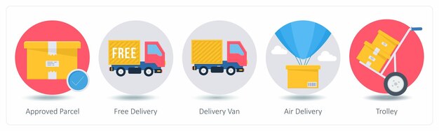 Un conjunto de 5 íconos de compras como paquete aprobado entrega gratuita furgoneta de entrega