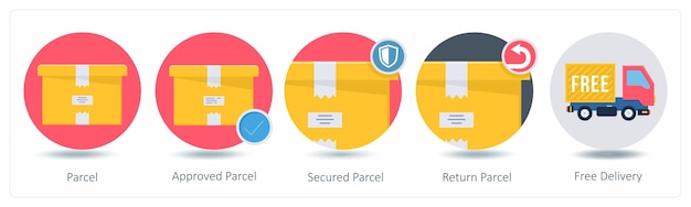 Un conjunto de 5 iconos de compras como paquete aprobado paquete asegurado paquete