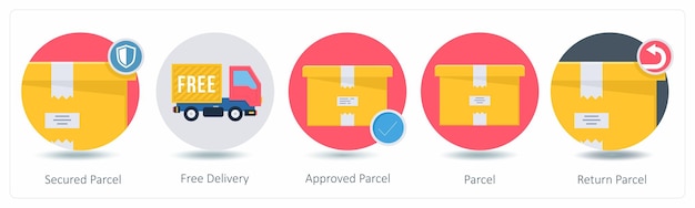 Un conjunto de 5 iconos de compras como paquete asegurado entrega gratuita paquete aprobado