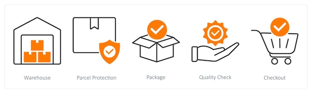 Un conjunto de 5 iconos de compras como paquete de protección de paquetes de almacén