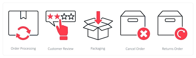 Un conjunto de 5 íconos de compras como procesamiento de pedidos empaquetado de reseñas de clientes