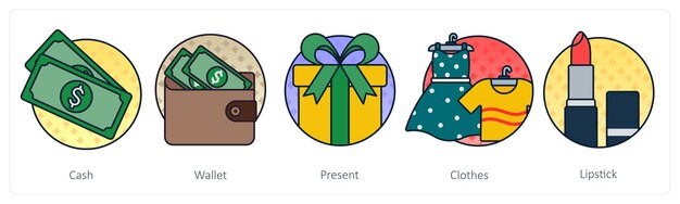 Un conjunto de 5 iconos de compras como regalo de billetera de efectivo