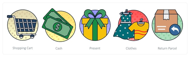 Un conjunto de 5 iconos de compras como regalo en efectivo para el carrito de compras