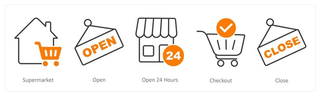 Un conjunto de 5 íconos de compras como supermercado abierto abierto las 24 horas