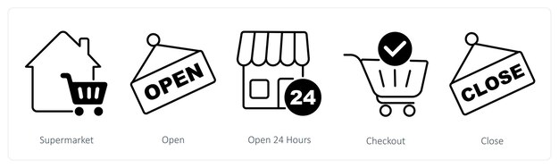 Un conjunto de 5 íconos de compras como supermercado abierto abierto las 24 horas