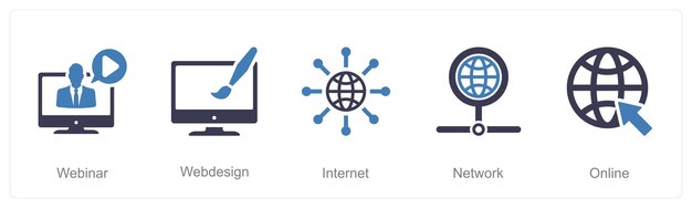 Un conjunto de 5 íconos de computadora de Internet como diseño web de webinar en Internet
