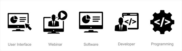 Un conjunto de 5 iconos de computadora de Internet como software de seminario web de interfaz de usuario
