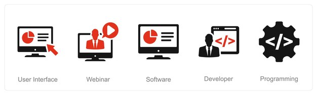 Un conjunto de 5 íconos de computadora de Internet como software de webinar de interfaz de usuario