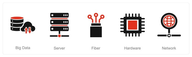 Un conjunto de 5 íconos de computadoras de Internet como una gran fibra de servidor de datos