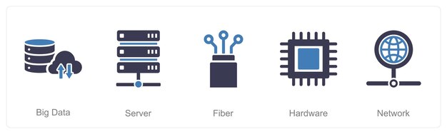 Un conjunto de 5 íconos de computadoras de Internet como una gran fibra de servidor de datos