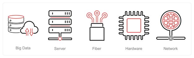 Un conjunto de 5 íconos de computadoras de Internet como una gran fibra de servidor de datos