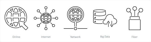 Un conjunto de 5 íconos de computadoras de Internet como una red de Internet en línea de grandes datos