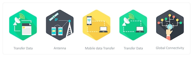 Un conjunto de 5 íconos de comunicación como antena de transferencia de datos móvil