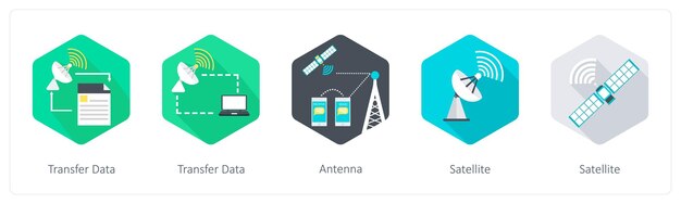 Un conjunto de 5 íconos de comunicación como antena de transmisión de datos por satélite