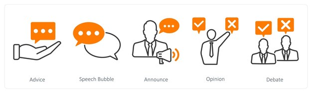 Un conjunto de 5 iconos de comunicación como anuncio de burbuja de discurso de consejo