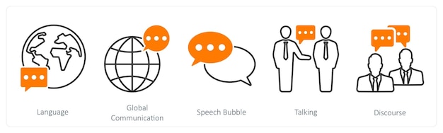 Un conjunto de 5 íconos de comunicación como burbuja de habla de comunicación global de lenguaje