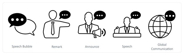 Un conjunto de 5 iconos de comunicación como comentario de burbuja de habla anuncian