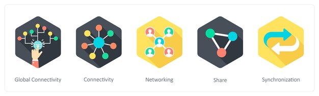 Un conjunto de 5 iconos de comunicación como conectividad global conectividad red