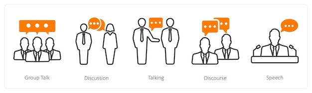 Un conjunto de 5 íconos de comunicación como conversación de grupo conversación hablando