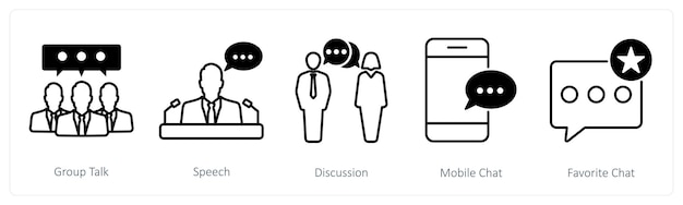 Un conjunto de 5 íconos de comunicación como conversación de grupo discusión de discurso chat móvil