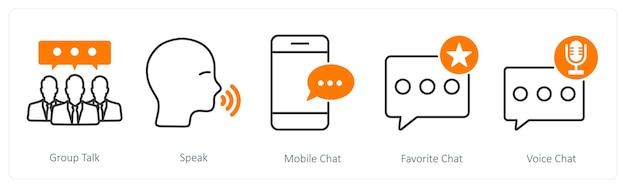 Un conjunto de 5 iconos de comunicación como conversación en grupo hablan chat móvil
