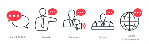 Un conjunto de 5 iconos de comunicación como el discurso bubr5le comentario anuncian