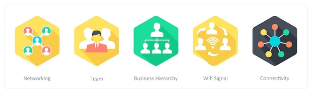 Un conjunto de 5 iconos de comunicación como jerarquía de negocios del equipo de red