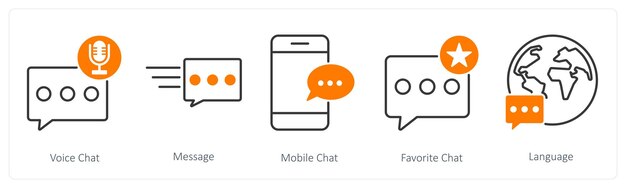 Un conjunto de 5 iconos de comunicación como mensaje de chat de video chat móvil