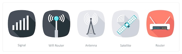 Un conjunto de 5 iconos de comunicación como señal de la antena del router wifi