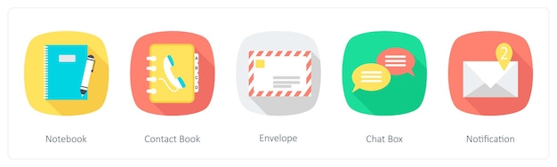 Un conjunto de 5 iconos de comunicación como sobre del libro de contactos del cuaderno de notas