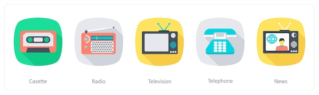 Un conjunto de 5 íconos de comunicación como televisión de radio en casete